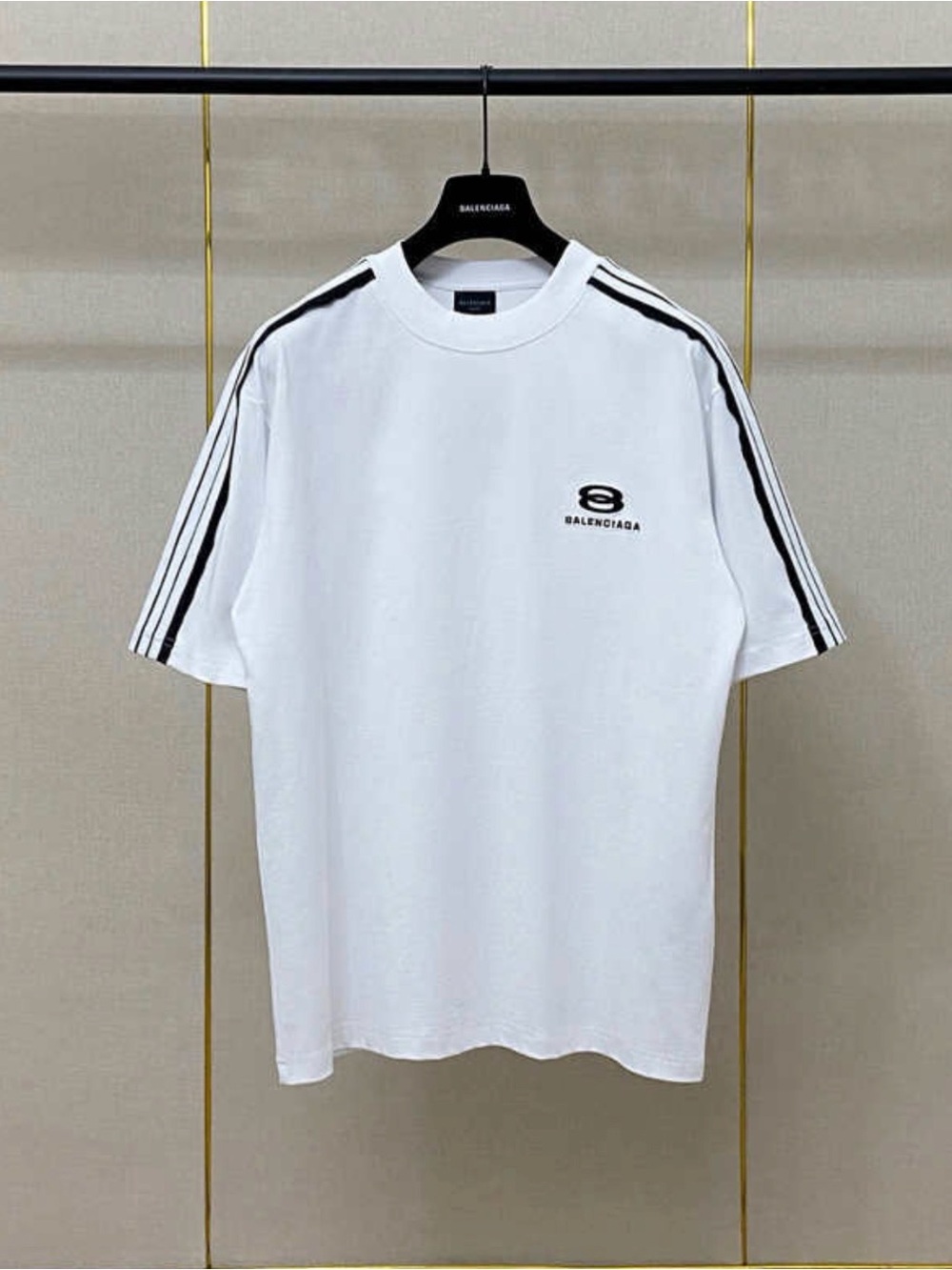Balenciaga White Short-Sleeve Tee with Black Shoulder Stripes like XL